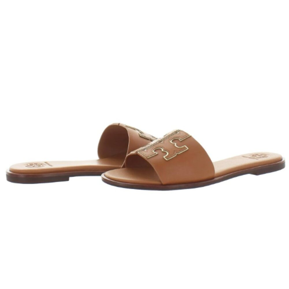 Tory Burch Tan Leather Slide Sandals with Gold Logo